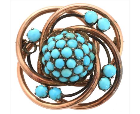 A Victorian turquoise brooch, the circular turquoise cabochon dome with similar shape turquoise duo accents and an openwork s