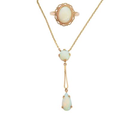 An opal necklace, designed as a pear shape opal cabochon suspended from a circular opal cabochon with integral trace link cha