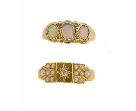 Two 18ct gold gem set dress rings, to include a late Victorian diamond and split pearl dress ring, together with an opal and 