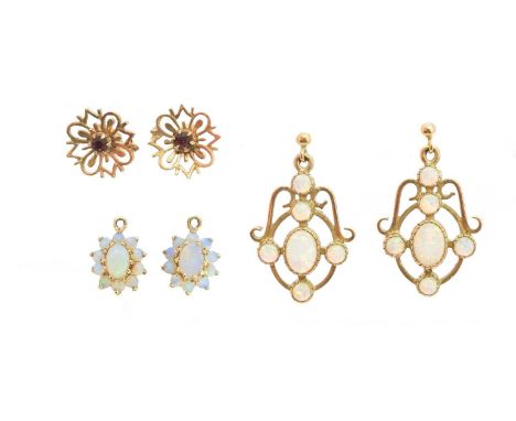 A selection of 9ct gold jewellery, to include a pair of synthetic opal drop earrings, a pair of stud earrings and a pair of o