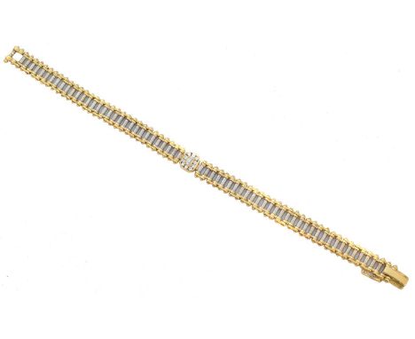 A diamond bracelet, the baguette cut diamond within a brilliant cut diamond surround, to the bi-colour articulated link sides