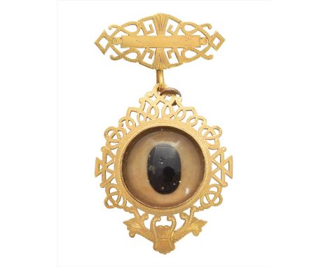 A 9ct gold medallion, the circular glazed panel within an openwork surround, suspended from a bar brooch, hallmarks for Cashm