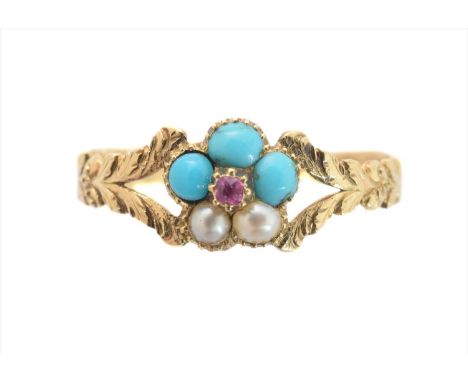 A Victorian ruby split pearl and turquoise dress ring, of floral design the cushion shape ruby within a split pearl and turqu