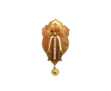 A late 19th century Swedish 18ct gold split pearl brooch by G Dahlgren & Co., of shield outline, the split pearl line with te