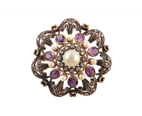 An early 20th century cultured pearl, amethyst and diamond brooch, of circular outline, the cultured pearl within an oval sha