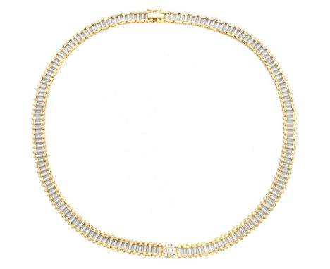 A diamond necklace, the baguette cut diamond within a brilliant cut diamond surround, to the bi-colour articulated link sides