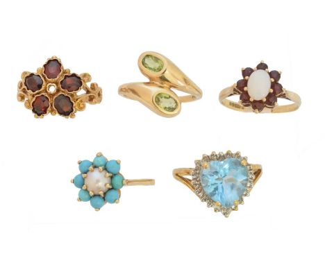 A selection of gem set dress rings, to include five 9ct gold gem set dress rings and four silver rings, including a 9ct gold 