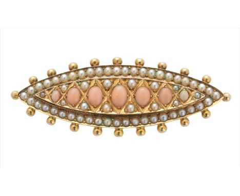 A late Victorian coral and split pearl brooch, designed as a graduated oval coral cabochon line with split pearl spacers and 
