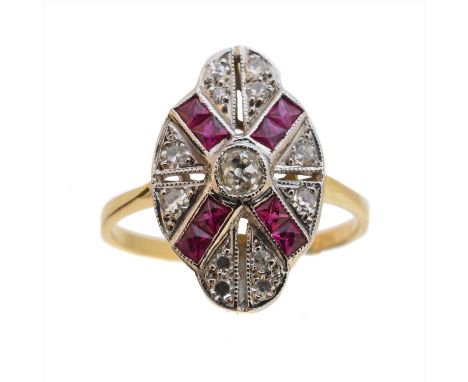A ruby and diamond cluster ring, the old cut diamond collet within a square shape ruby and single cut diamond openwork surrou