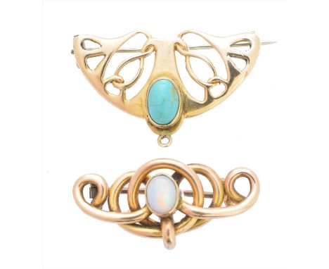 Two early 20th century gem set brooches, to include an Art Nouveau 9ct gold turquoise brooch by Henry Matthews, together with