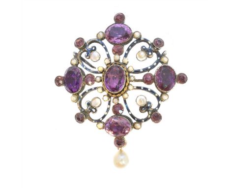 An early 20th century amethyst, pearl and enamel pendant, the oval shape foil-back amethyst quatrefoil within a circular pink
