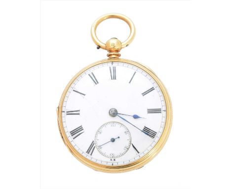 A Victorian 18ct gold open face pocket watch, the circular white enamel dial with Roman numeral hour markers, subsidiary seco