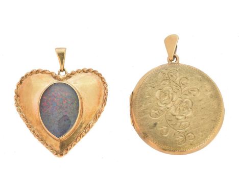 Two pendants, to include a synthetic opal heart shape pendant, together with a 9ct gold hinged locket, lengths 3.6 and 3.9cm,