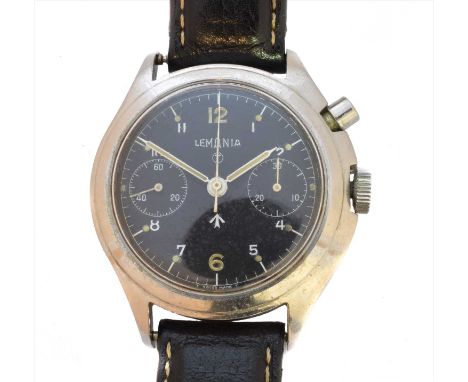A rare 1960s Lemania stainless steel military single button chronograph wristwatch, the signed circular black dial with milit