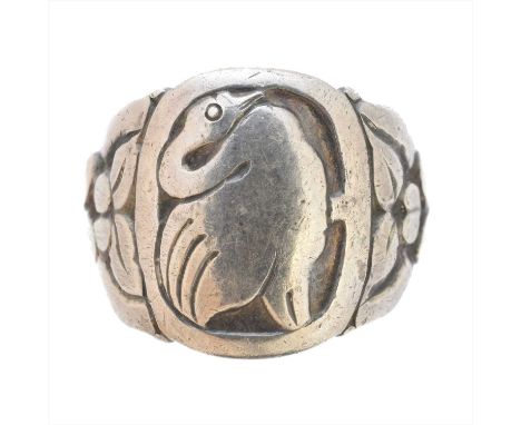 A Georg Jensen ring, no. 56, designed as a swan with foliate shoulders, maker's marks for Georg Jensen, stamped 'Sterling Den