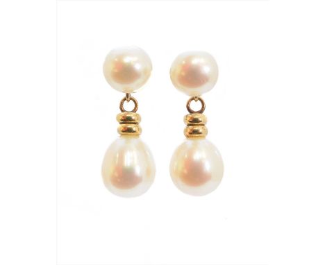 A pair of cultured pearl drop earrings, each designed as a cultured pearl drop with a grooved cap, suspended from a button sh