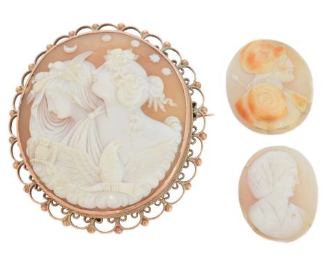 A cameo brooch, the circular shell cameo depicting Athena and Hebe, within a scrolling surround stamped 9ct, together with tw