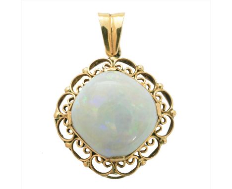 An opal pendant, the cushion shape opal cabochon within an openwork surround and tapered surmount, approx. dimensions of opal