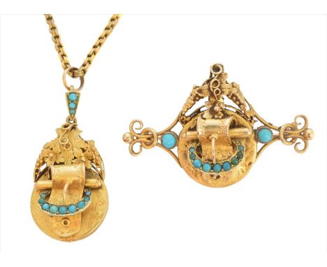A set of Victorian turquoise jewellery, comprising a pendant and a brooch, each designed as a circular turquoise cabochon buc