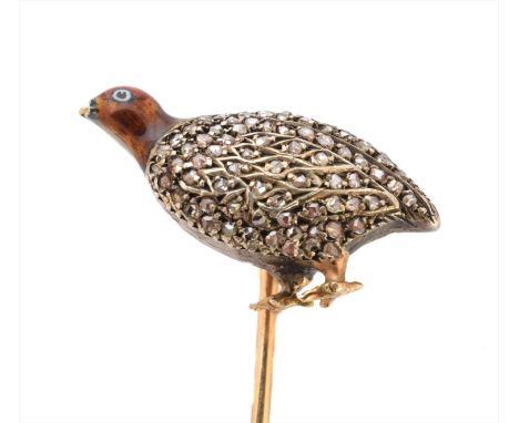 A diamond and enamel stick pin, modelled as a grouse, with rose cut diamond body and vari shade enamel head, length 6.4cm, gr