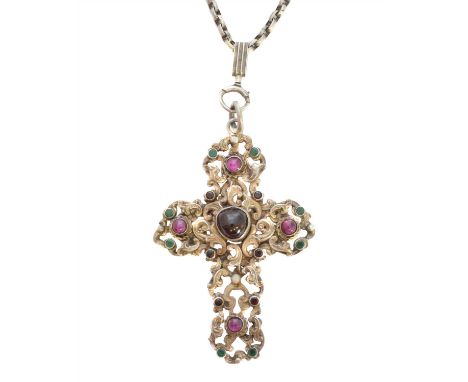 A silver gem set cross pendant, the openwork cross with circular foil-back garnet, opal and emerald accents, maker's marks AR