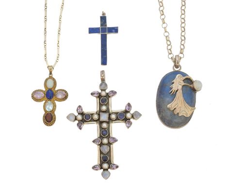 A selection of jewellery, to include a moonstone, split pearl and amethyst cross pendant, an opal, blue topaz, amethyst, garn