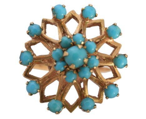 A turquoise cluster ring, the circular turquoise cabochon cluster within a similar shape turquoise openwork surround, ring si