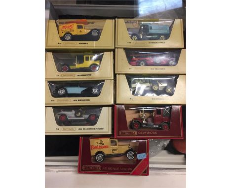 Nine Matchbox MOdels of Yesteryear models to include: Y-22 1930 Ford 'A' with Maggis livery, Y-7 1912 Rolls Royce, Y-17 1938 