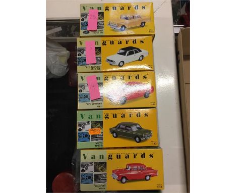 Five Vanguards model cars to include: Vauxhall Victor F_Series MKII, Ford Cortina MKII GT, Ford Granada MKI, Morris 1800S, an
