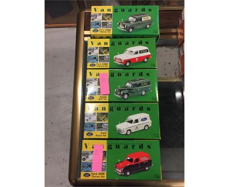 Five Vanguards model cars to include: Three Ford 300E Thames Van with Brylcreem Display Service livery, Evening Standard Live