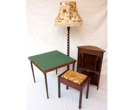 1930's STAINED BEECH STANDARD LAMP
with barley twist column, circular base and fringed floral shade, oak card table with fold