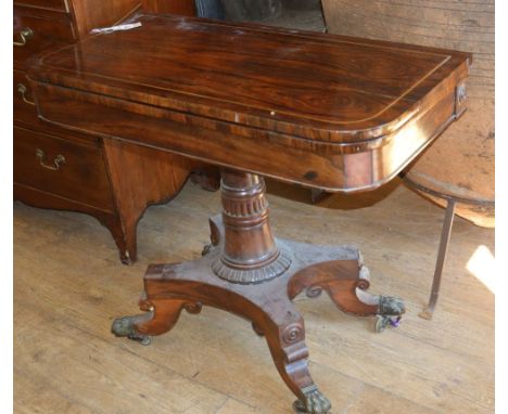 A George IV rosewood card table, W.91cm, D.46cm, H.76cmCONDITION: Formerly restored, the top is marked and the veneer has cra