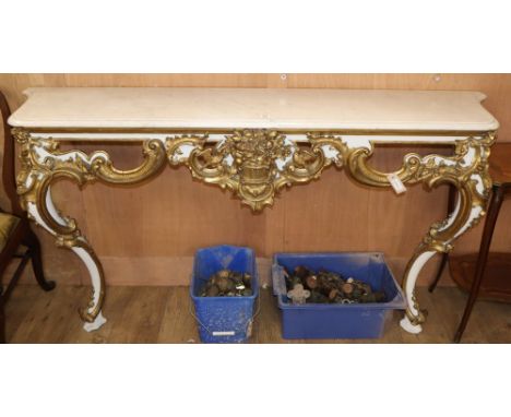 An ornate white marble and ormolu-mounted console table, with cabriole legs, W.176cm D.42cm H.92cmCONDITION: Marble appears g