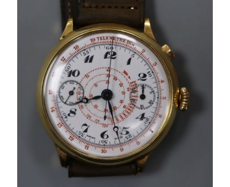 A gentleman's mid 20th century Swiss gold plated manual wind chronograph wrist watch, on associated leather strap.CONDITION: 