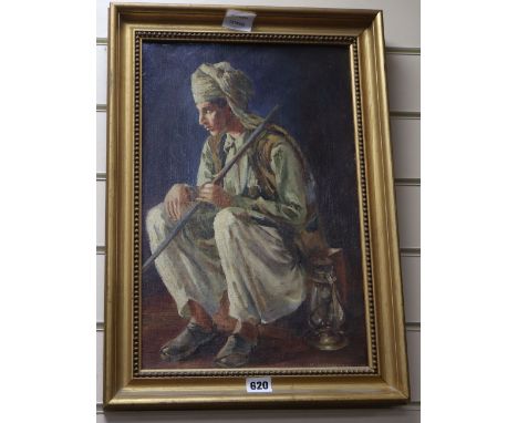 M. Hendersson, oil on canvas board, Sikh seated with a walking stick and lantern, signed, 44 x 29cmCONDITION: A little dirty 