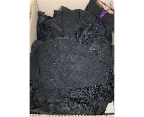 A fine 19th century black silk shawl, a net stole, various bobbin and machine trim