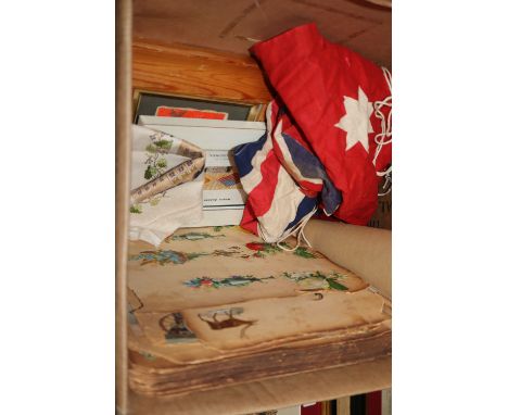 An Australian Naval ensign, a Union Jack stevengraph, a scrap book, a painted panel, a book 'The Social Ladder' by C.D. Gibso