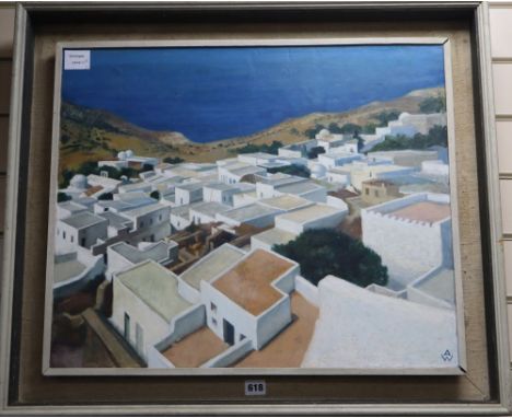 Anne Wright, oil on board, Greek village roof tops, monogrammed, 50 x 60cmCONDITION: Some light surface scratching and a litt