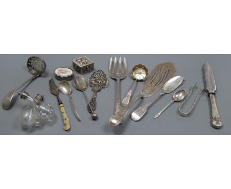 Mixed flatware and other items including a pair of Victorian silver fish servers, Sheffield, 1888, a Victorian silver sifter 