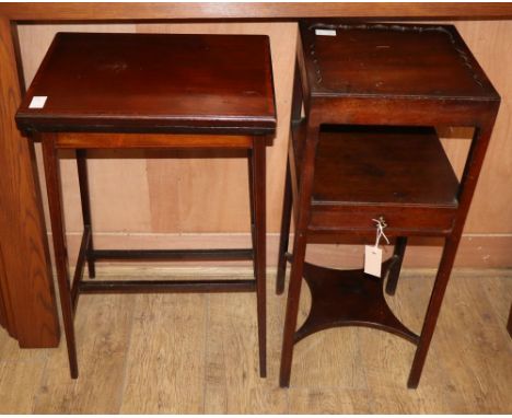 An Edwardian satinwood banded mahogany card table and a George III mahogany two tier washstand, card table, W.45cm, D.34cm, H