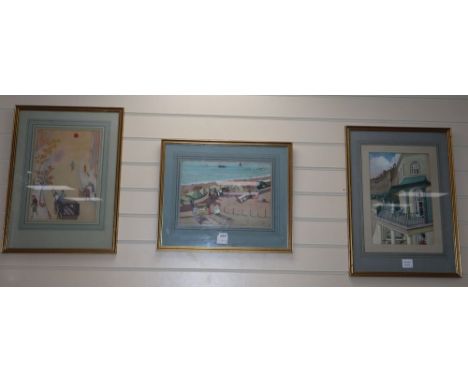 Modern British, three gouache with watercolour, 1930's views of figures on a Kemp Town balcony, Seafront stalls and Early mor