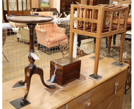 A mahogany Canterbury, H.58cm, a wine table and a Victorian inlaid rosewood tea caddy