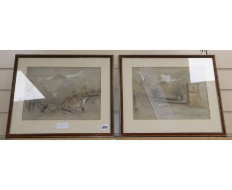 19th century English School, pencil and watercolour, View of San Filippo and The Tomb of Theron, inscribed in pencil, 24 x 34