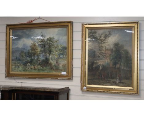 William Ellis, two watercolours, Sportman and spaniels stalking in woodland and Figures before a church, signed and dated 189