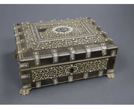 A 19th century Southern Indian horn and ivory mounted trinket box, height 7.5cm and a similar card case