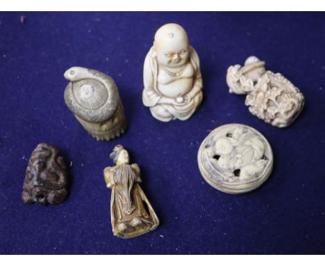 Five Japanese netsuke in ivory and staghorn etc., and ivory figure of Hotei, 19th century