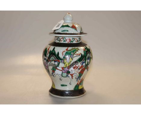 Chinese crackle glazed and enamel decorated vase and cover, 27cm