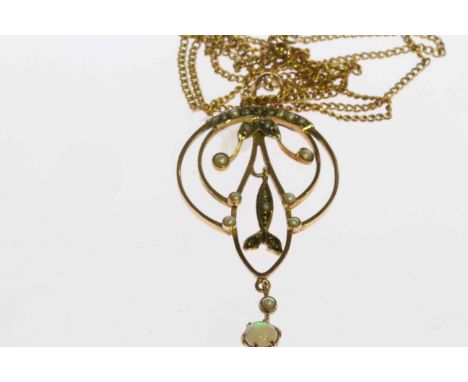 9 carat gold openwork pendant and chain with opal and seed pearls