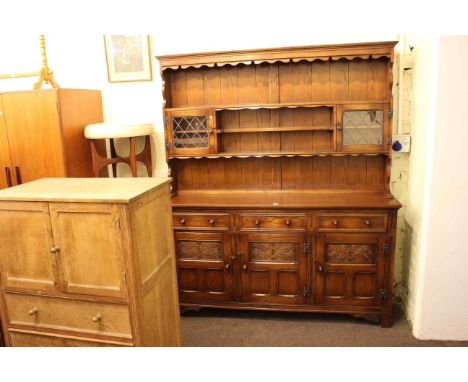 Bevan Funnell Reprodux oak shelf and glazed cupboard door back dresser