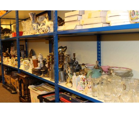 Full shelf of glassware, china, metalware, pictures, lamps, pewter, bellows, nest of tables, etc